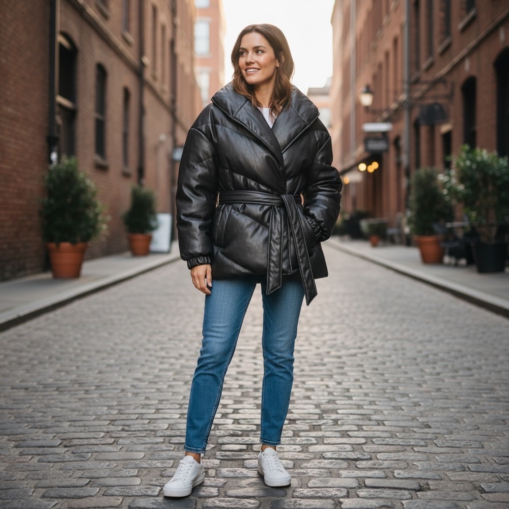 NWT Blank NYC Black‎ Vegan Leather Puffer Belted Jacket Fall Winter Warm